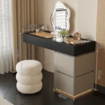 Minimalist modern dressing table with mirror and stool in a bedroom setting with 4 drawers and 4 doors