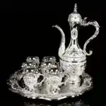 European Style Tea Set 6 Luxury Coffee Cup Vintage Metal Turkish Coffee Pot Set Craft Tea Tray and Teapot for Serving Tea