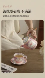 Elegant porcelain cups and saucers set on a wooden table