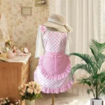 Sweet Pink Cute Chef Apron Suit Girl Anti-fouling Lace Apron Pink Polka Dot Strap Kitchen Home Catering Work Apron