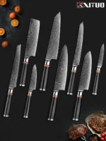 Art Forged Damascus Steel Kitchen Knife Set 1-8 pcs Professional Hotel Chef's Slicing and Carving Knife Premium Kitchen
