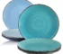 Set of 6 handpainted dinner plates in blue rustic design on a wooden table