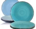 Set of 6 handpainted dinner plates in blue rustic design on a wooden table