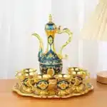 European Style Tea Set 6 Luxury Coffee Cup Vintage Metal Turkish Coffee Pot Set Craft Tea Tray and Teapot for Serving Tea