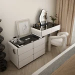Modern makeup vanity table with mirror and storage drawer in bedroom setting