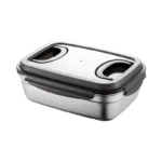 Large stainless steel food storage container with lid and handle for refrigerator organization