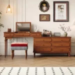 Minimalist oak wood dressing table with mirror, stool, and six drawers in a modern bedroom setting