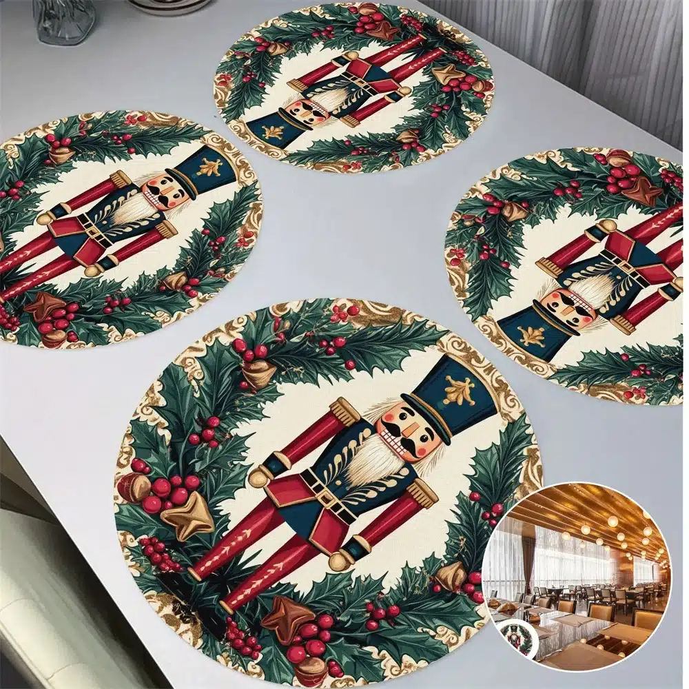 4PCS Round Christmas Placemat Cartoon Santa Claus Wreath Snowflake Xmas Placemat Merry Christmas Decor 2025 Happy New Year