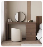 Minimalist wood dressing table with mirror and three storage drawers in modern bedroom setting