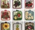 Square placemats set of 5 cotton potholders in assorted colors on a wooden table
