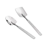 Two stainless steel ice cream spoons with ergonomic handles, one scooping a bowl of vanilla ice cream