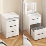 Modern flip cover dressing table with LED light, stool, and three drawers in a bedroom setup