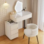 Modern Nordic vanity table with storage drawers and mirror in bedroom setting