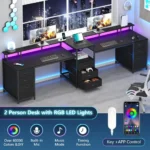 Premium 98.4 Long Computer Desk with 9 Drawers, 2 Person Gaming Desk with LED Lights & Power Outlet, Two Person Home