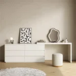 White dressing table with mirror, 6 drawers, and matching stool for bedroom vanity and makeup storage