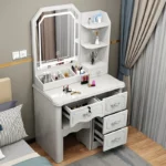 Goldoma LED dressing table with mirror and stool in a modern bedroom – stylish wooden makeup vanity with 2 drawers