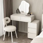 Modern minimalist vanity table with mirror and stool, wood construction, bedroom furniture