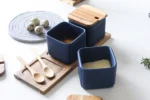 Ceramic kitchen storage container set with matte striped design and spoon