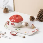 Creative Cartoon Cute Girl Heart Red Mushroom Ceramic Tableware Single Handle Bowl Soup Pot Breakfast Plate – close-up detail
