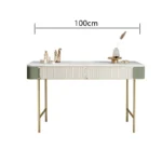 Modern dresser with mirror and stool – 2-drawer makeup vanity table in a minimalist bedroom setting