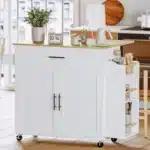 Kitchen Island with Storage, Rolling Kitchen Island on Wheels with Drop Leaf, 3 Open Spice Rack Shelf, Door Cabinet, Drawer