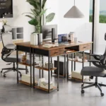JHK 48 Inch Computer Gaming Desk with Fabric Drawers Storage Shelves Metal Frame Adjustable Feet Table For Bedroom Home
