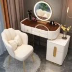 Modern dressing table with mirror and stool in a minimalist bedroom setup