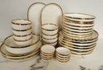 Nordic Style Gold Inlay Bright White Porcelain Dinner Sets Ceramic Bowl Dish Plates Set Porcelain Dinnerware For Household