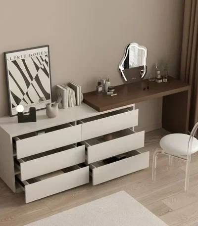 White dressing table with mirror, 6 drawers, and matching stool for bedroom vanity and makeup storage