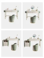 Modern dressing table set with two drawers, mirror, and stool in a bedroom setting