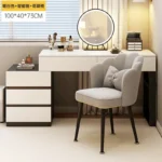 Modern wooden dressing table with mirror and 5 drawers – makeup vanity desk with LED lights and stool in bedroom setting