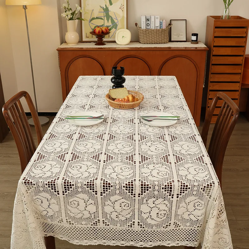 Rectangular Hollow Out Knitted Tablecloth Rural Retro Cotton Thread Crochet Dining Table Cover Lace Tea Table Cloth Table Flag