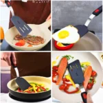 Goldoma high heat resistant spatula in use on a non-stick frying pan
