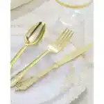 Elegant 350-Piece Gold Plastic Dinnerware Set: 100 Rimmed Plates, 150 Cutlery, 50 Napkins, 50 Cups for Parties &