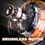 Cordless brushless chainsaw cutting a log in a garden