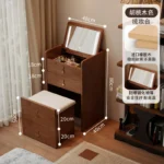 Wooden makeup vanity with mirror and stool in a modern bedroom setting