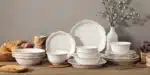 MALACASA 16/32 Piece Plates Dinner Sets Relief White Stoneware Dinnerware Set with 4 PCS Dinner Plate/Dessert/Cereal