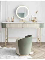 Modern dresser with mirror and stool – 2-drawer makeup vanity table in a minimalist bedroom setting
