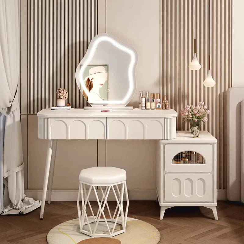 Sd48217561d2748bc9132dfc9c3e211d56.webp Modern wood makeup vanity table with mirror, drawer, and stool in a bedroom setting