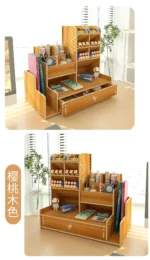 Student desktop organizer on a wooden table, with textbooks and a water bottle nearby.