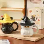 450ml Dreamy Ghost Cat Ceramic Mug with Lid – Cartoon Anime Style Couples' Cup/Holiday Gift, Unisex Cute Drinkware – top view