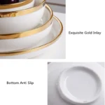 Nordic Style Gold Inlay Bright White Porcelain Dinner Sets Ceramic Bowl Dish Plates Set Porcelain Dinnerware For Household
