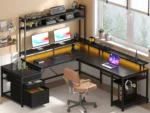 EnHomee L Shaped Computer Desk with Power Outlet & Monitor Stand & LED Gaming Desk with Hutch Drawers for Living,