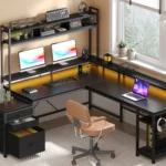 EnHomee L Shaped Computer Desk with Power Outlet & Monitor Stand & LED Gaming Desk with Hutch Drawers for Living,