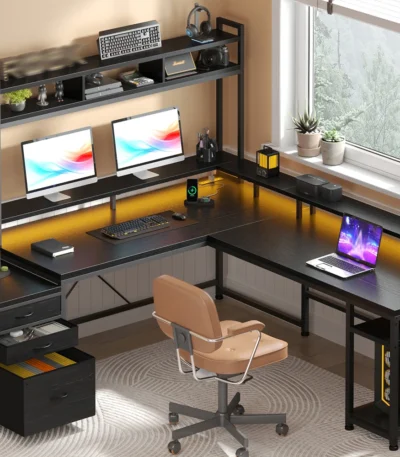 EnHomee L Shaped Computer Desk with Power Outlet & Monitor Stand & LED Gaming Desk with Hutch Drawers for Living,