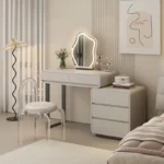 Modern bedroom vanity table with mirror and storage drawers, makeup vanity desk with stool