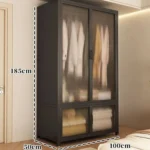 Minimalist open wardrobe closet with metal frame in a modern bedroom setting