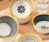 Nordic style ceramic rice bowl set with underglaze finish on wooden table