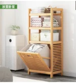 Solid wood floor-to-ceiling bathroom clothes rack with basket storage, towel holder and toilet organizer