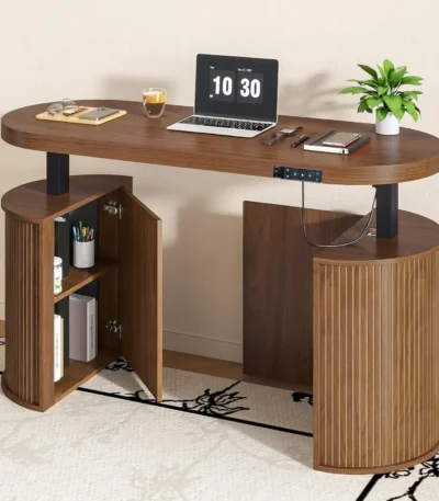 Mid Century Modern Electric Standing Desk with Storage, 55 x 22 Inch Small Sit Stand Up Desk, Wood Adjustable, Customized